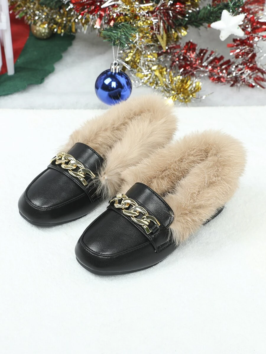 Niñas Mocasines planos con diseño de cadena en contraste mullido - Negro - Ver 1