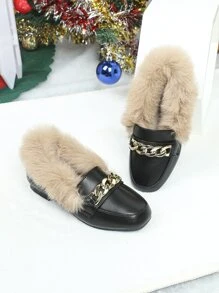 Niñas Mocasines planos con diseño de cadena en contraste mullido - Negro - Ver 3