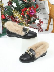 Niñas Mocasines planos con diseño de cadena en contraste mullido - Negro - Ver 4