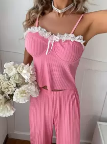 Contrast Lace Bow Front PJ Set / Pajama Set - Pink - View 5