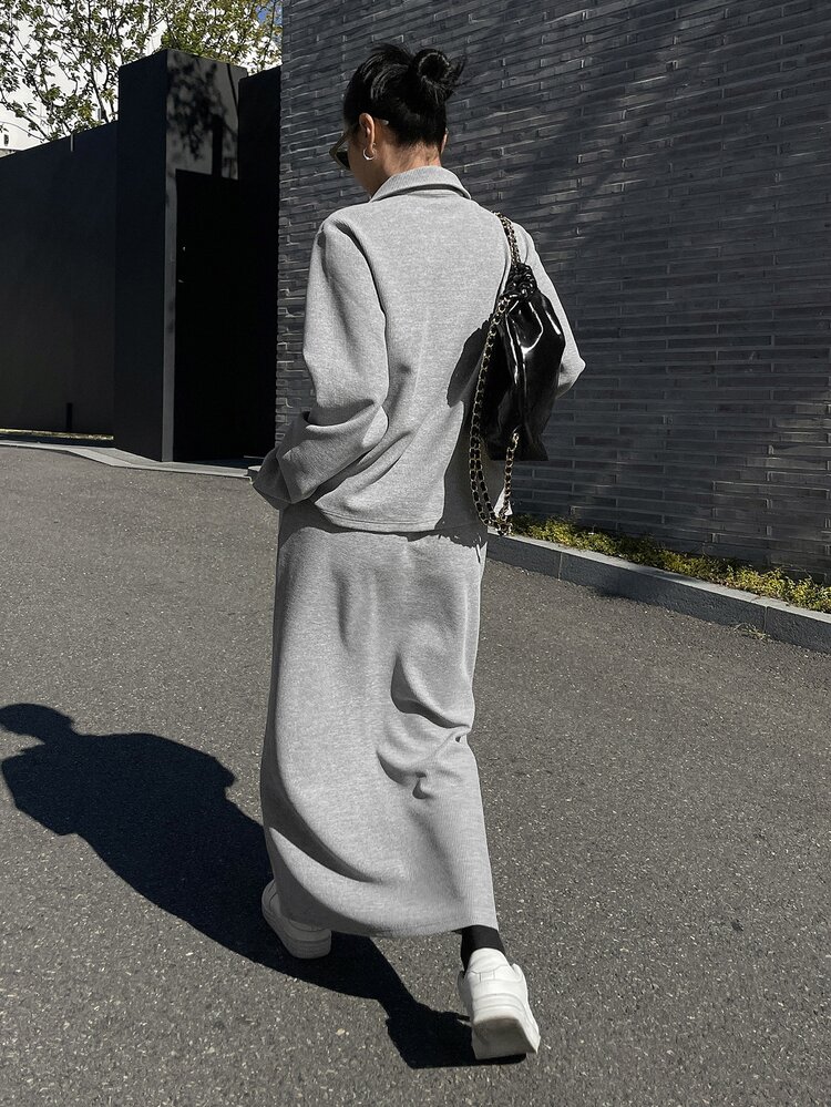 Half Zip Sweatshirt & Split Hem Skirt