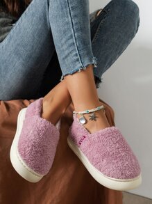 Letter Patch Decor Fluffy Bedroom Slippers - Violet Purple - View 1