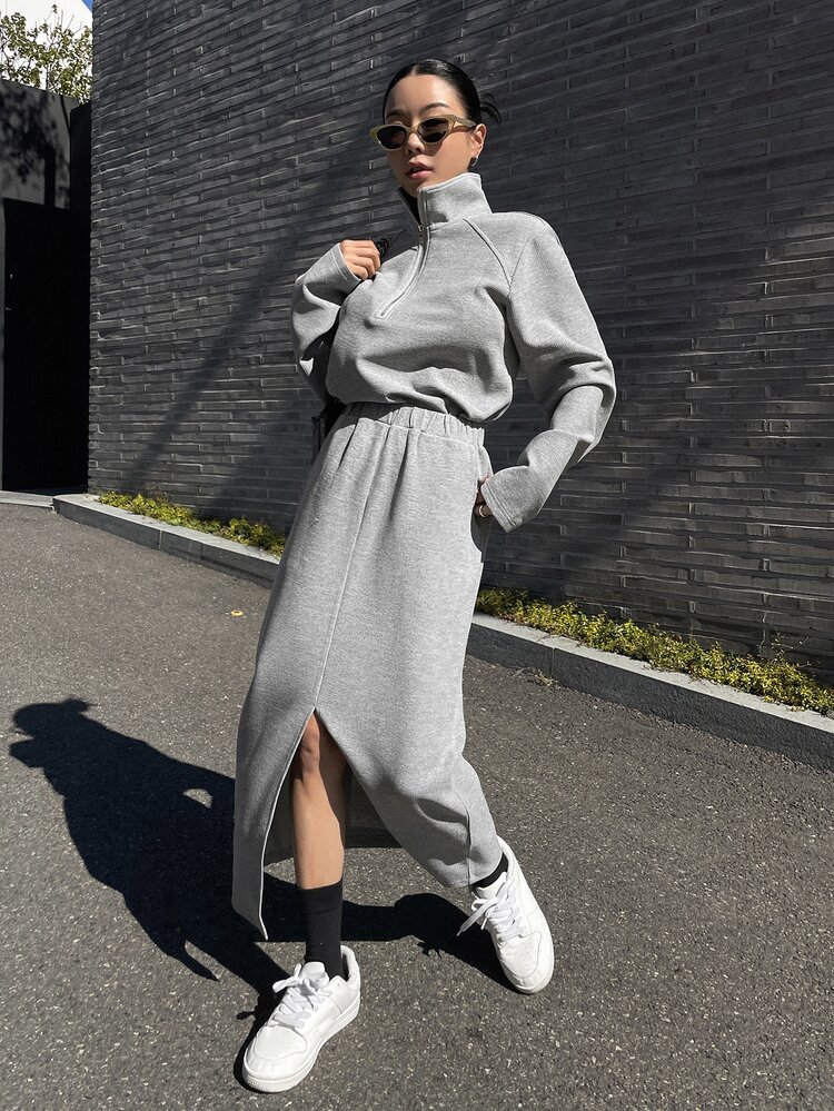 Half Zip Sweatshirt & Split Hem Skirt