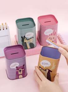 1pc Iron Money Box, Creative Cartoon Graphic Random Color Square Coin Saving Box For Kids Birthday - Multicolor - View 5