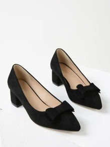 Bow Decor Chunky Heeled Court Pumps - Black - View 3
