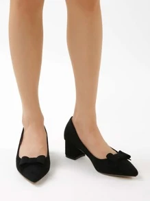 Bow Decor Chunky Heeled Court Pumps - Black - View 4