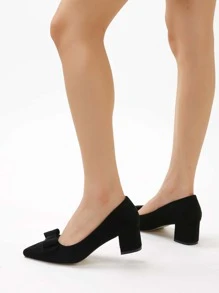 Bow Decor Chunky Heeled Court Pumps - Black - View 6