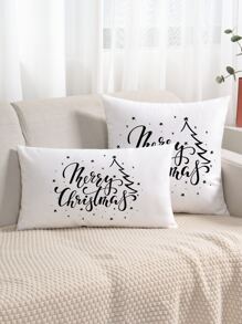 1pc Simple Christmas Text Print Pillow Cover Without Filling - Black and White - View 1