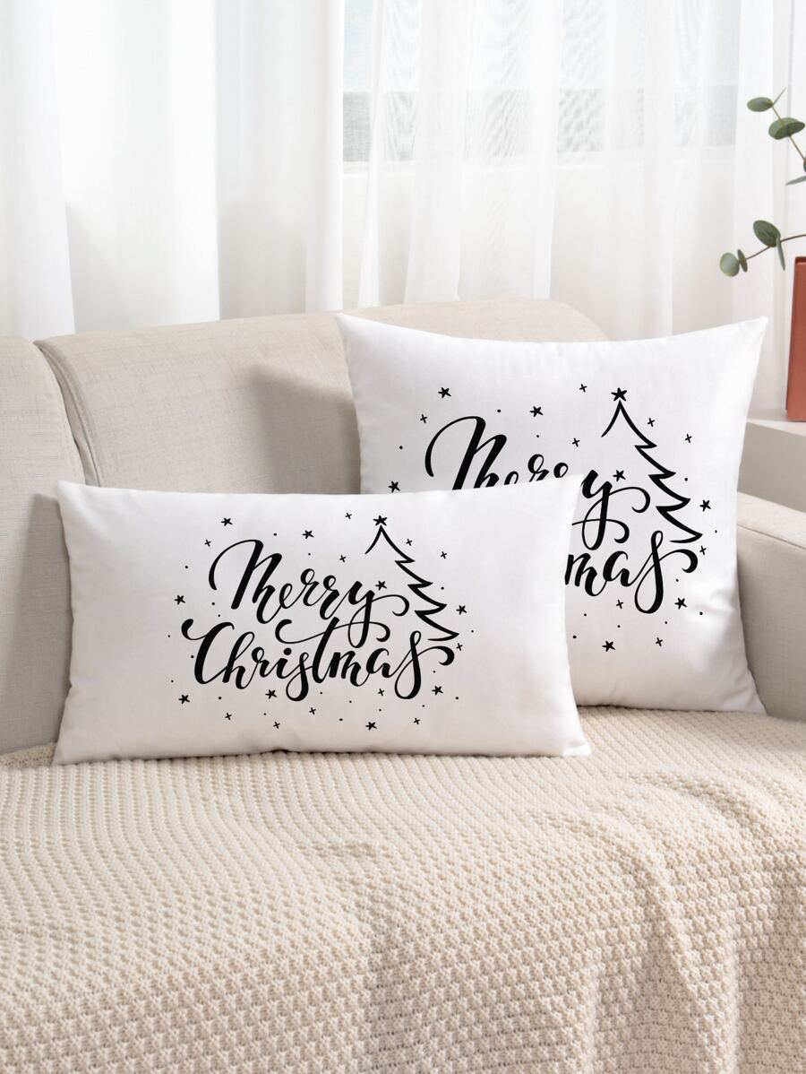 1pc Simple Christmas Text Print Pillow Cover Without Filling - Black and White - View 1