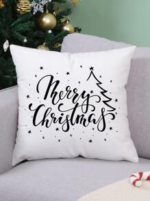 1pc Simple Christmas Text Print Pillow Cover Without Filling - Black and White - View 4