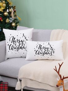 1pc Simple Christmas Text Print Pillow Cover Without Filling - Black and White - View 9