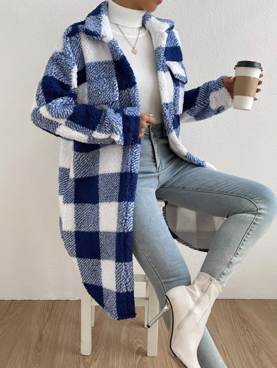 SHEIN Essnce Buffalo Plaid Print Drop Shoulder Teddy Coat - Blue and White - View 1