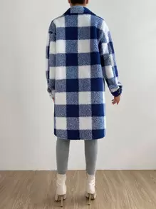 SHEIN Essnce Buffalo Plaid Print Drop Shoulder Teddy Coat - Blue and White - View 2