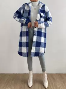 SHEIN Essnce Buffalo Plaid Print Drop Shoulder Teddy Coat - Blue and White - View 3