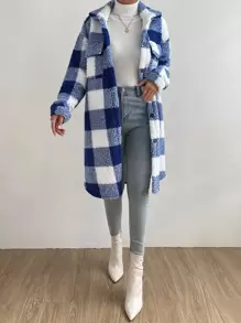 SHEIN Essnce Buffalo Plaid Print Drop Shoulder Teddy Coat - Blue and White - View 4