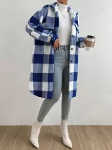 SHEIN Essnce Buffalo Plaid Print Drop Shoulder Teddy Coat - Blue and White - View 5