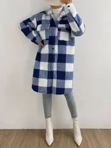 SHEIN Essnce Buffalo Plaid Print Drop Shoulder Teddy Coat - Blue and White - View 6