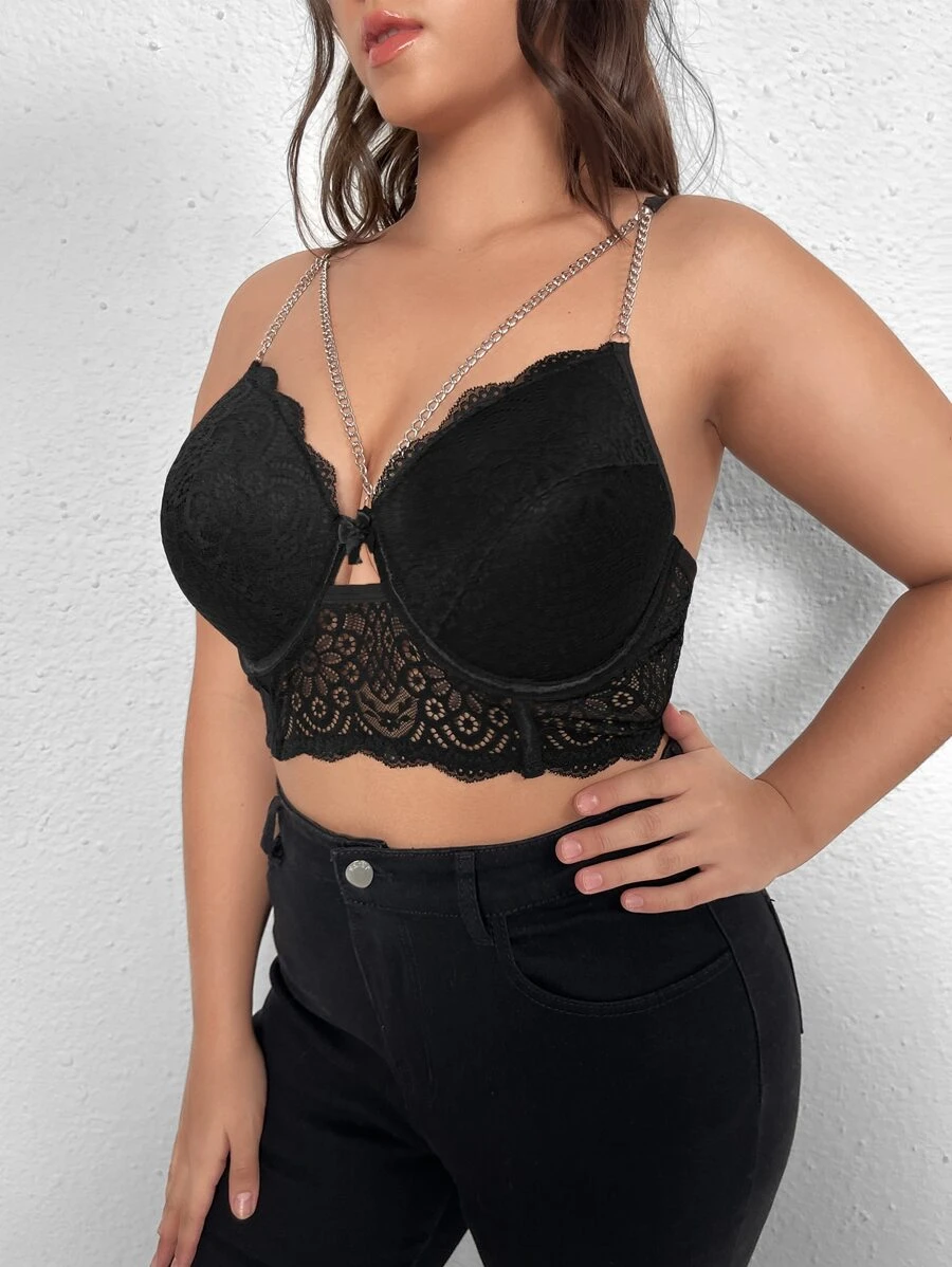 Plus Floral Lace Underwire Bra - Black - View 1