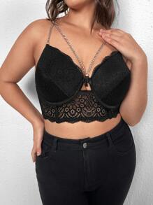 Plus Floral Lace Underwire Bra - Black - View 3
