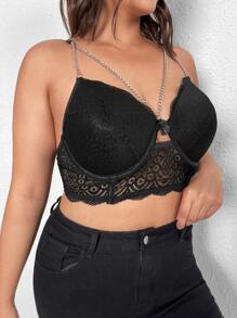 Plus Floral Lace Underwire Bra - Black - View 4