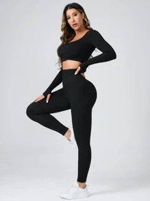 SHEIN Sports Bộ đồ tập yoga Pilates co giãn cao liền mạch 2 chiếc có lỗ xỏ ngón tay cái Áo thun thể thao & quần legging kiểm soát bụng Bộ trang phục tập luyện Bộ đồ tập luyện cho nữ Bộ quần legging cho nữ - màu đen - Xem 4