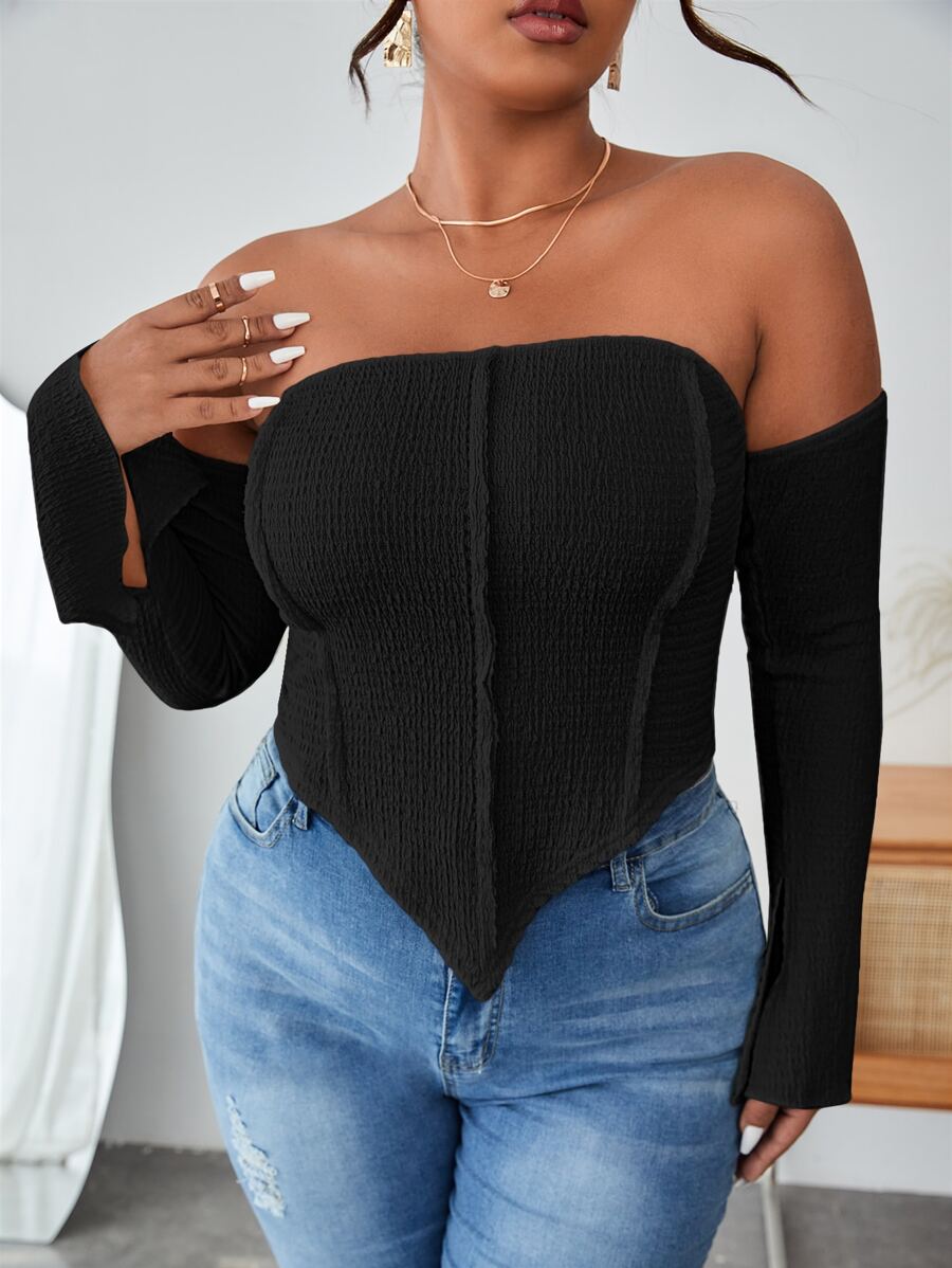 SHEIN SXY áo nữ kích thước lớn Bất đối xứng Chia màu trơn Gợi cảm - màu đen - Xem 1