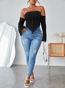 SHEIN SXY áo nữ kích thước lớn Bất đối xứng Chia màu trơn Gợi cảm - màu đen - Xem 3