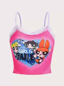 The Powerpuff Girls | ROMWE Cartoon Graphic Contrast Lace Cami Top - Pink - View 1
