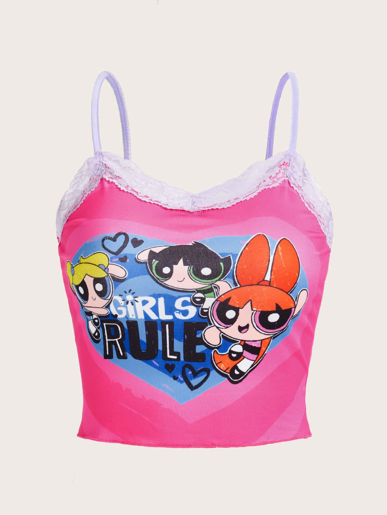 The Powerpuff Girls | ROMWE Cartoon Graphic Contrast Lace Cami Top - Pink - View 1