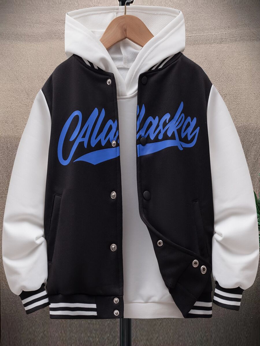 SHEIN Boys 1pc Letter Graphic Striped Trim Colourblock Varsity Jacket - Black and White - View 1
