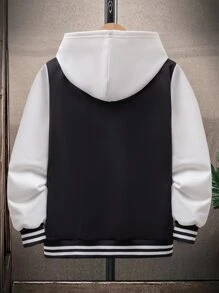 SHEIN Boys 1pc Letter Graphic Striped Trim Colourblock Varsity Jacket - Black and White - View 2