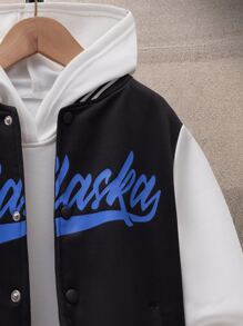 SHEIN Boys 1pc Letter Graphic Striped Trim Colourblock Varsity Jacket - Black and White - View 3