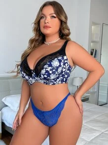 Plus Floral Print Contrast Lace Underwire Bra