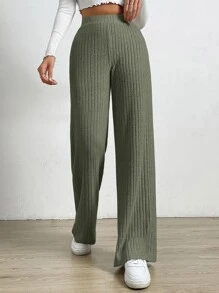 SHEIN EZwear Pantalones de pierna ancha de cintura elástica - Verde - Ver 3