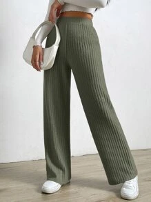 SHEIN EZwear Pantalones de pierna ancha de cintura elástica - Verde - Ver 4
