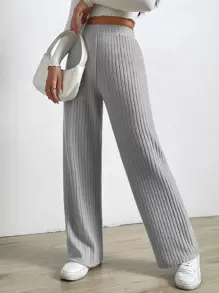 SHEIN EZwear Quần nữ Gân đan màu trơn Giải trí - Xám - Xem 4