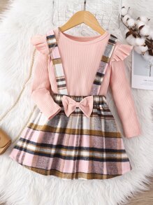 SHEIN Niñas tejido de canalé Camiseta & de cuadros con lazo delantero Falda pichi - Multicolor - Ver 1