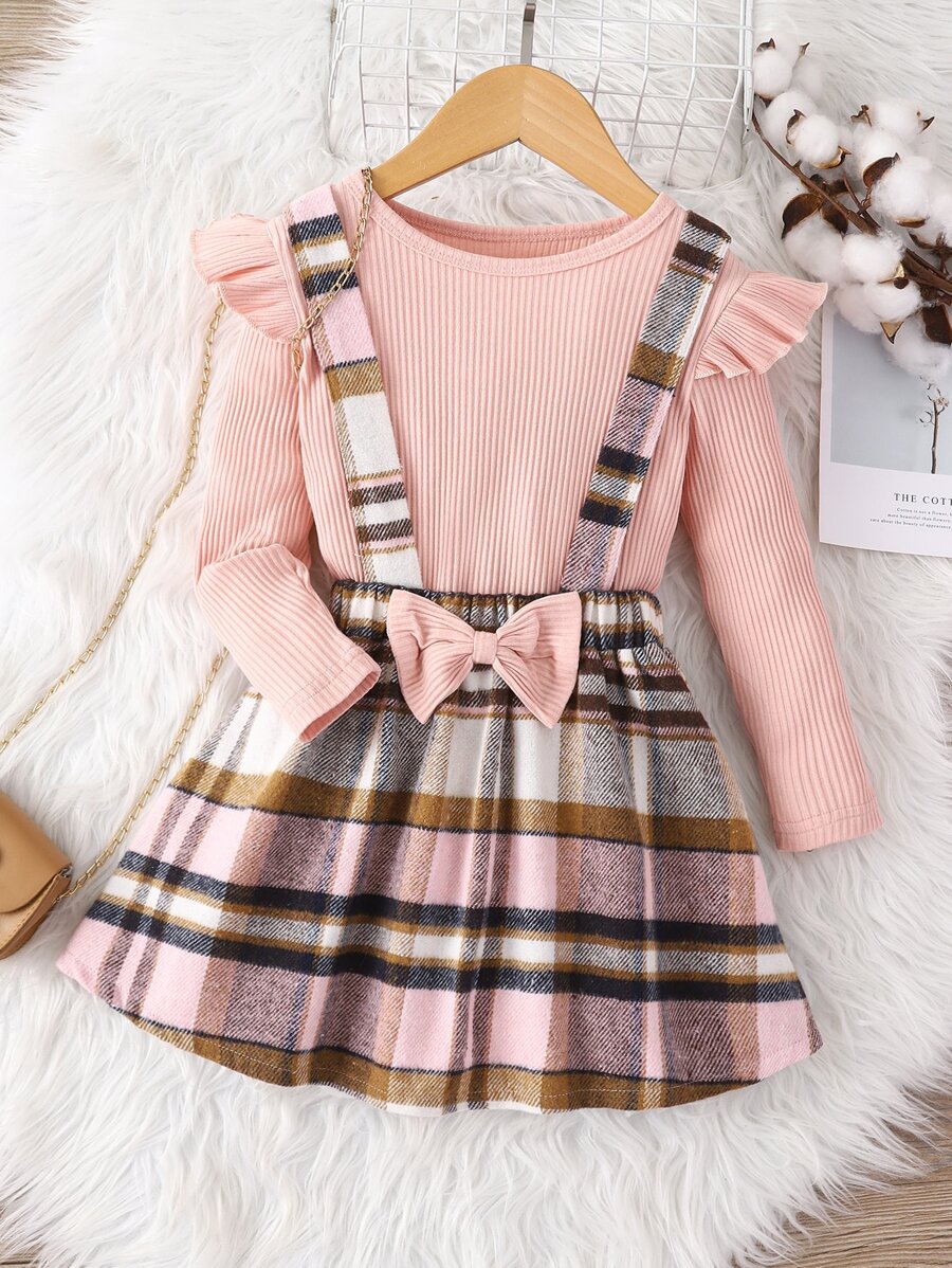 SHEIN Niñas tejido de canalé Camiseta & de cuadros con lazo delantero Falda pichi - Multicolor - Ver 1