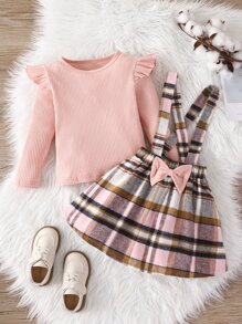 SHEIN Niñas tejido de canalé Camiseta & de cuadros con lazo delantero Falda pichi - Multicolor - Ver 3