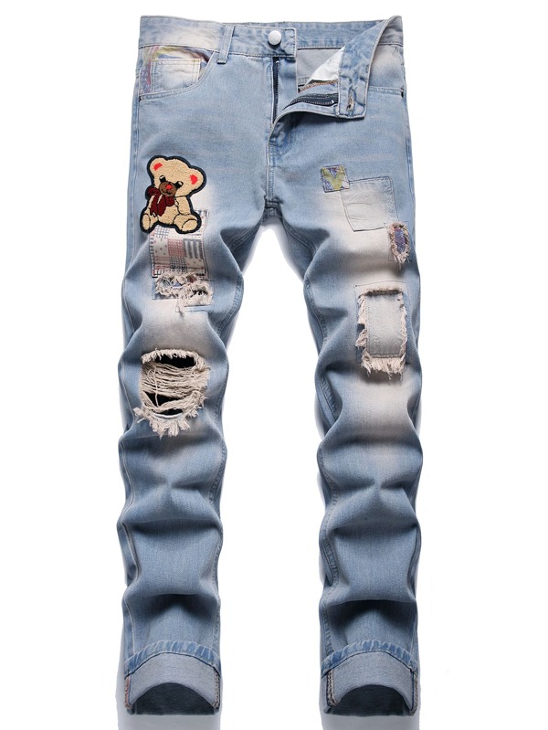 Men Bear Patched Detail Ripped Slim Jeans