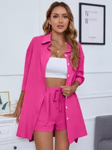 INAWLY 前排扣落肩袖襯衫和短褲 - 玫紅色 - 查看 3