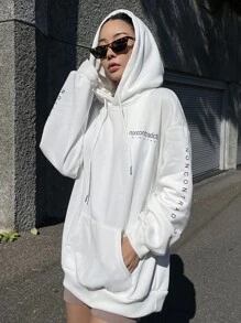 DAZY 字母圖形下垂肩束繩連帽衛衣 - 白色 - 查看 3