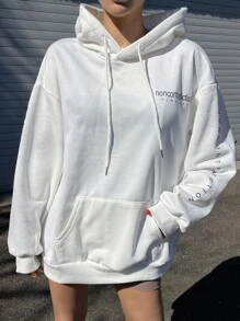 DAZY 字母圖形下垂肩束繩連帽衛衣 - 白色 - 查看 5