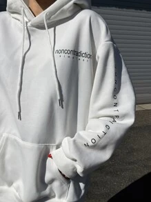 DAZY 字母圖形下垂肩束繩連帽衛衣 - 白色 - 查看 2