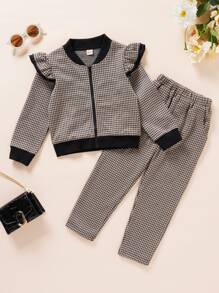 Cazadora Bomber Y Pantalones Para Niña Joven Con Patrón De Pata De Gallo Y Adornos De Volantes - Caqui - Ver 1