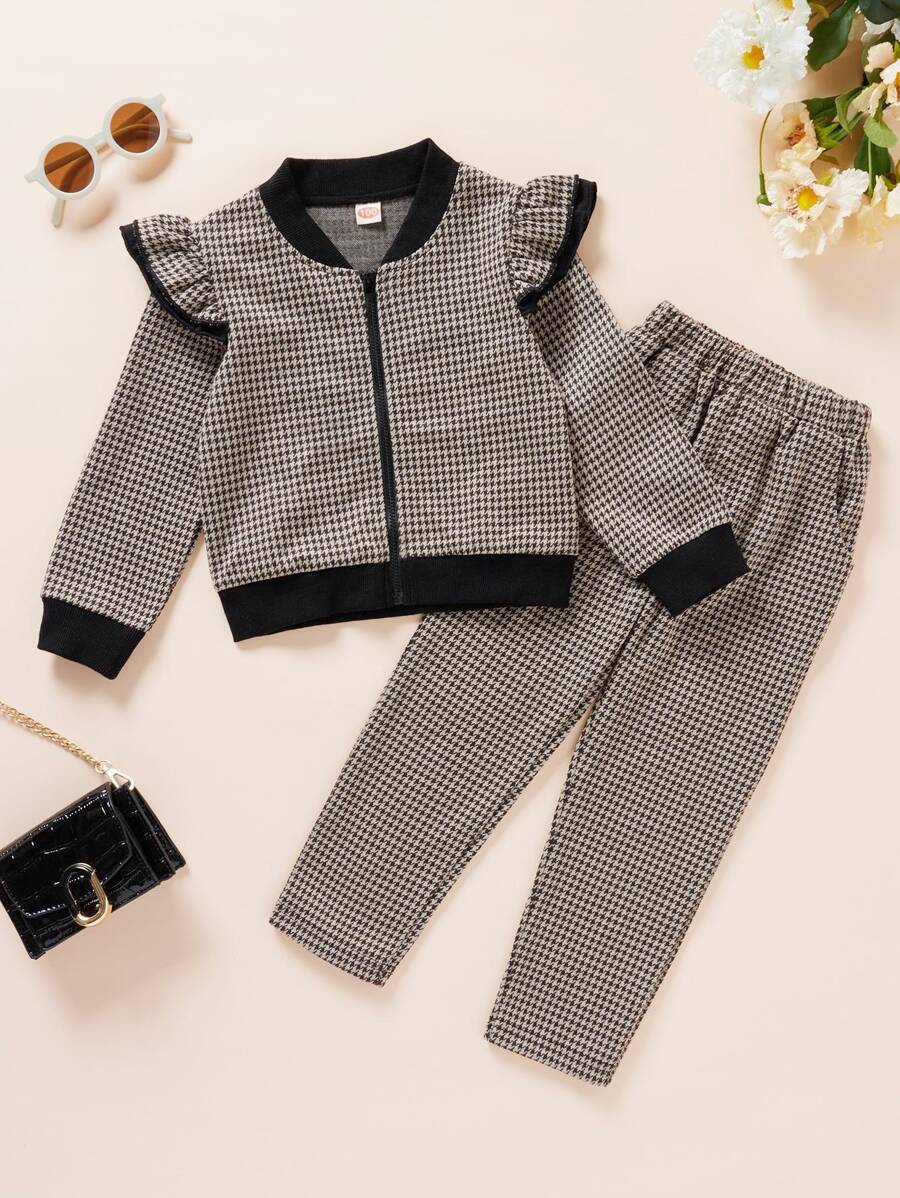 Cazadora Bomber Y Pantalones Para Niña Joven Con Patrón De Pata De Gallo Y Adornos De Volantes - Caqui - Ver 1