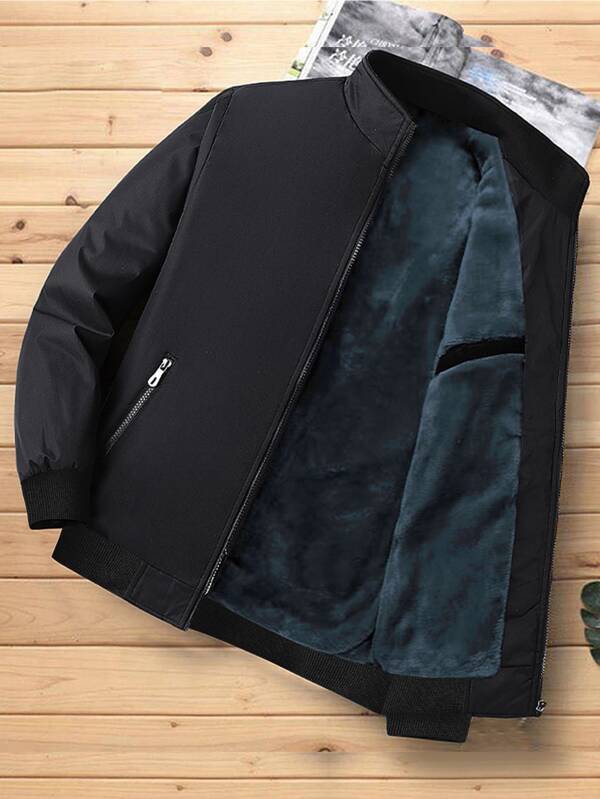 Calvornis Chaqueta con cremallera y forro de peluche para hombres, chaqueta casual de manga larga negra y cálida para salir, regalo para amigos, esposo, novio, para otoño e invierno