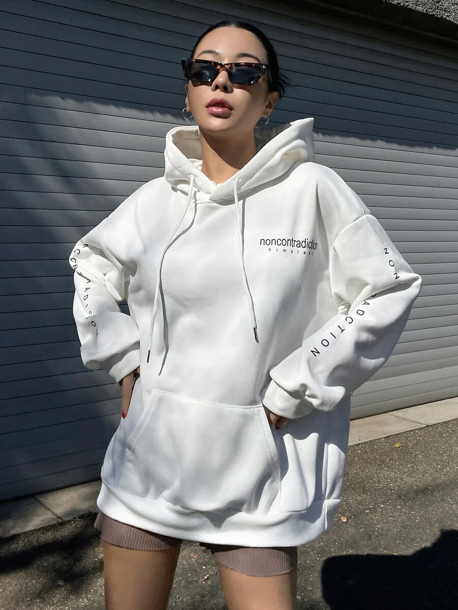 DAZY 字母圖形下垂肩束繩連帽衛衣 - 白色 - 查看 1