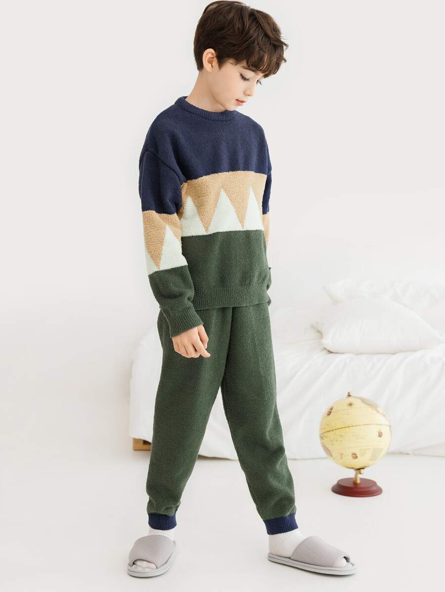 Boys Colourblock Drop Shoulder Teddy Top & Trousers Lounge Set - Multicolor - View 1