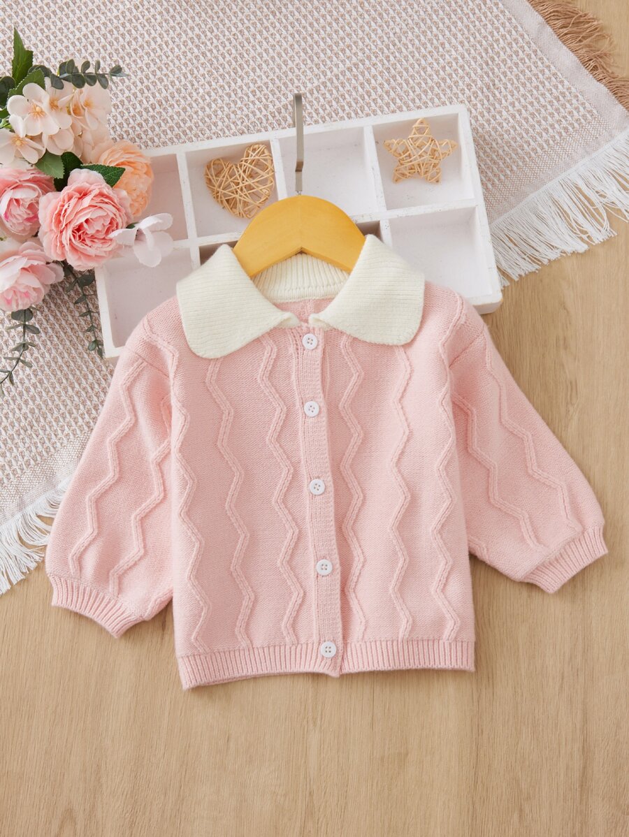 Bebé Cárdigan de cuello en contraste con botón - Rosa - Ver 1